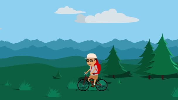 Touristin mit Fahrrad im Wald unterwegs — Stockvideo