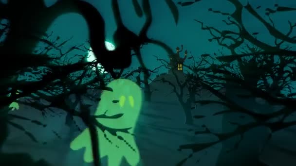 Spooky Halloween Haunted House op de heuvel met maan Ghosts mystery mansion — Stockvideo