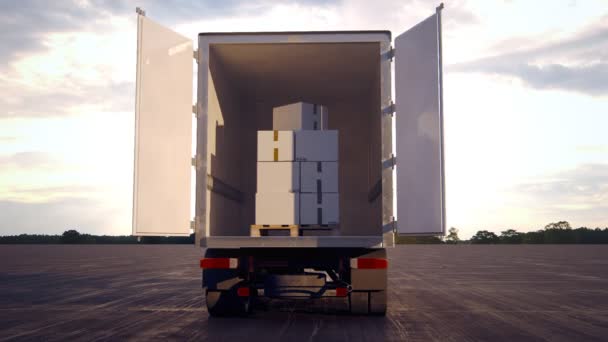 Panorámica de la carretilla elevadora de descarga pila de cajas en una camioneta de entrega — Vídeo de stock