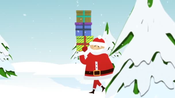 Санта-Клаус прогуливается по зимнему ландшафту — стоковое видео