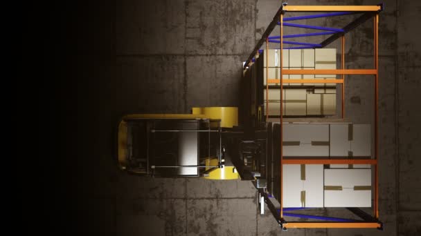 Vysokozdvižné vozíky uvedení stoh krabic na polici — Stock video