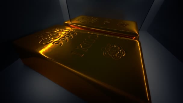Два блестящих золотых слитка внутри шкафчиков безопасности — стоковое видео