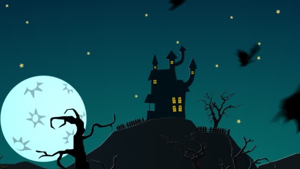 Casa embrujada de Halloween espeluznante en la colina con la luna Fantasmas mansión misteriosa — Vídeos de Stock