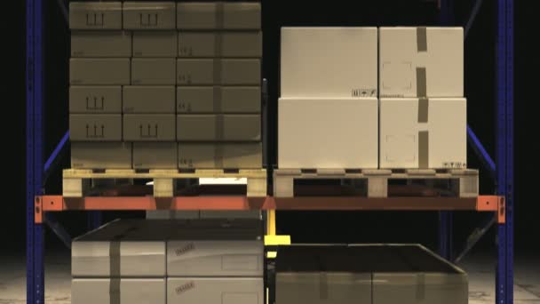 Carretilla elevadora colocando pila de cajas de cartón — Vídeos de Stock