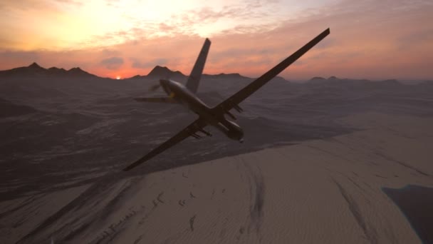 Prédateur militaire Drone volant pendant le coucher du soleil 