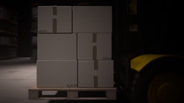 Carretilla elevadora de horquilla colocando pila de cajas en el estante — Vídeo de stock