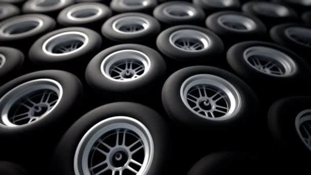 Close up on F1 tyres. — Stock Video