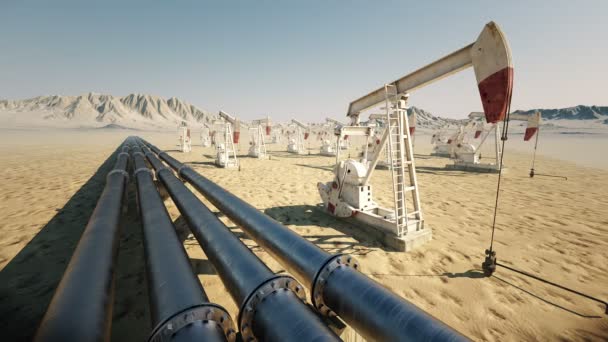 Olje pump jack gunga med pipeline — Stockvideo