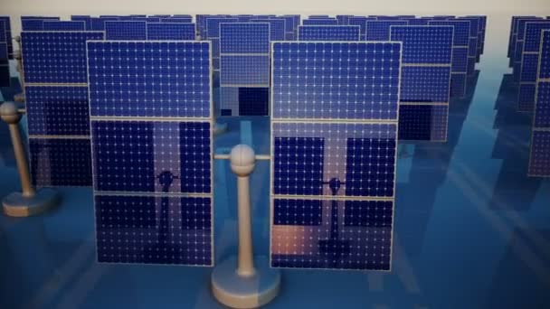 Painéis solares ensolarados em uma central de energia solar — Vídeo de Stock