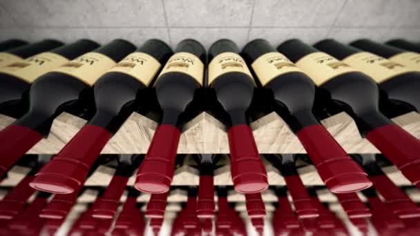 Wine bottles on the wooden shelve. — Stock Video