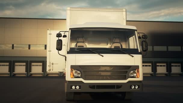 Panorámica de la carga de la carretilla elevadora pila de cajas en una camioneta de entrega — Vídeos de Stock
