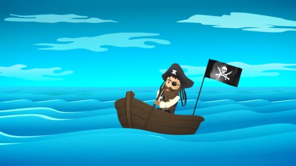 Pirate On Boat In Calm Ocean — Stock Video