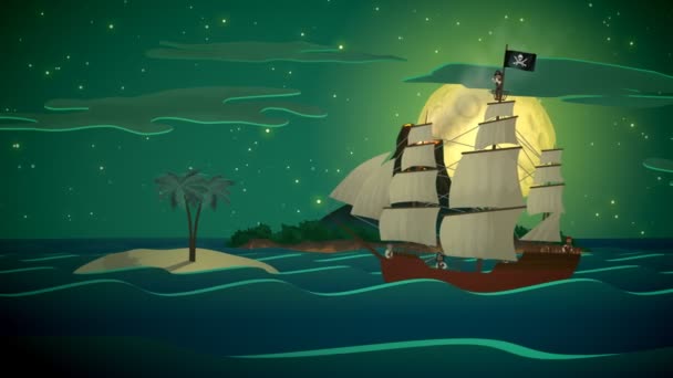 Mar del barco del pirata con la montaña del volcán — Vídeos de Stock