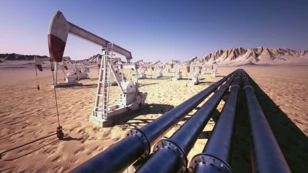 Olie pomp jack schommelen met pipeline — Stockvideo