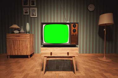 Eski Vintage televizyon içinde ev yeşil ekran ile