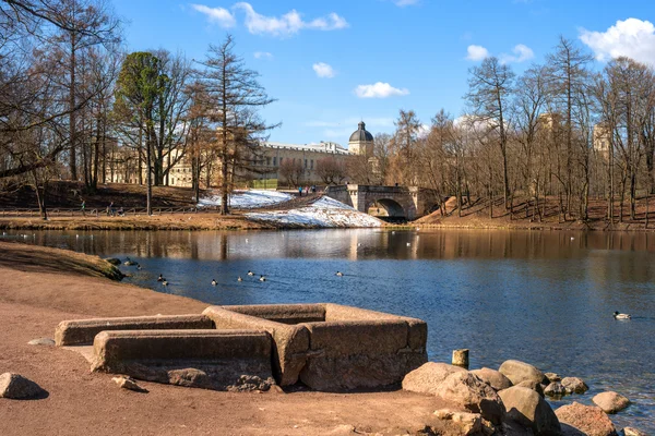 Gatchina Sarayı. Beyaz göletten.