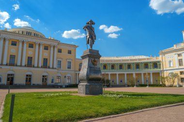 Pavlovsk, Russia - May 6, 2016: Monument to emperor Pavel I in front of the Pavlovsk Palace. Saint Petersburg.