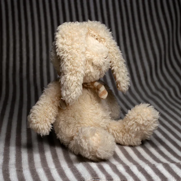 Boneca de pelúcia coelho sentado em um fundo listrado . — Fotografia de Stock