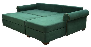 Köşedeki kanepe beyaz arka planda izole edilmiş. Kırpma yolu da dahil. Kanepe uyumak için hazır.