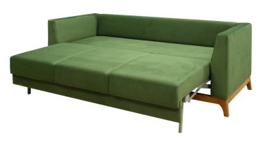 Köşedeki kanepe beyaz arka planda izole edilmiş. Kırpma yolu da dahil. Kanepe uyumak için hazır.