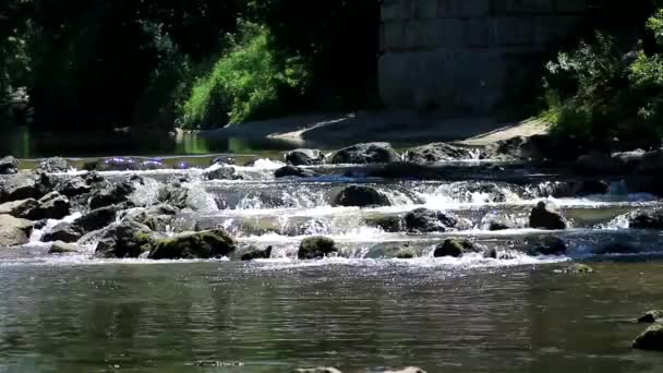 Primer plano del lento movimiento del agua en las cascadas artificiales del río . — Vídeo de stock