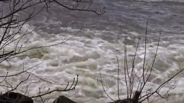 Vroege voorjaar turbulente snelle stroom van water in de rivier. — Stockvideo