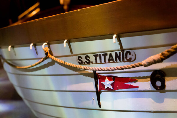 Detail of reproduction of Titanic's wooden lifeboat