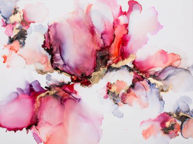 Soyut akışkan sanat. Tuvale alkol mürekkebi dökülmüş. Mor, mavi, kırmızı ve altın