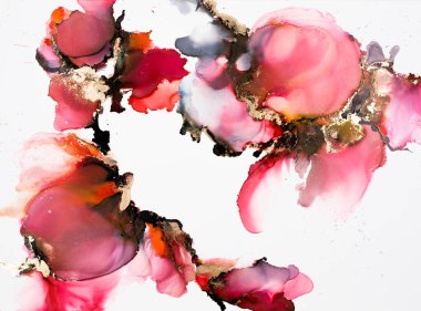 Soyut akışkan sanat. Tuvale alkol mürekkebi dökülmüş. Mor, mavi, kırmızı ve altın