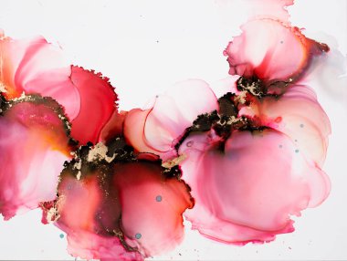 Soyut akışkan sanat. Tuvale alkol mürekkebi dökülmüş. Mor, mavi, kırmızı ve altın