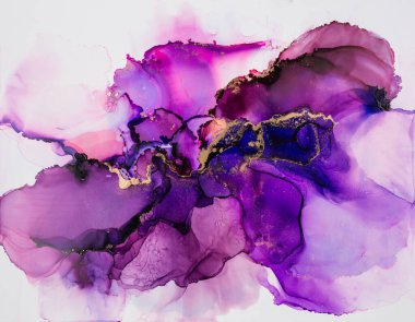 Soyut akışkan sanat. Tuvale alkol mürekkebi dökülmüş. Mavi, mor ve sarı.