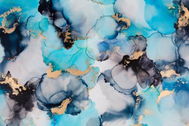 Soyut akışkan sanat. Tuvale alkol mürekkebi dökülmüş. Mavi, siyah ve altın.