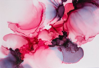 Soyut akışkan sanat. Tuvale alkol mürekkebi dökülmüş. Mor, mavi, kırmızı ve altın