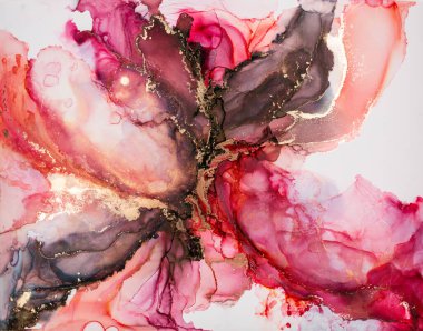 Soyut akışkan sanat. Tuvale alkol mürekkebi dökülmüş. Mor, mavi, kırmızı ve altın