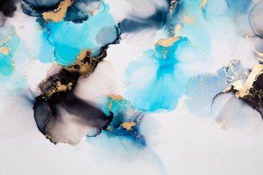 Soyut akışkan sanat. Tuvale alkol mürekkebi dökülmüş. Mavi, siyah ve altın.