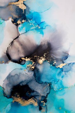 Soyut akışkan sanat. Tuvale alkol mürekkebi dökülmüş. Mavi, siyah ve altın.