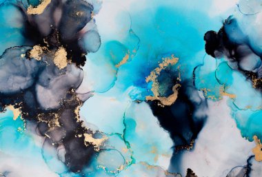 Soyut akışkan sanat. Tuvale alkol mürekkebi dökülmüş. Mavi, siyah ve altın.