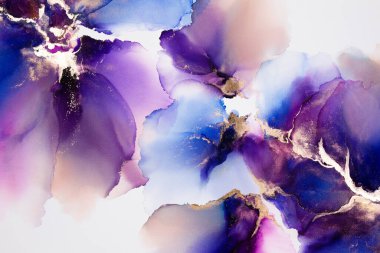 Soyut akışkan sanat. Tuvale alkol mürekkebi dökülmüş. Mavi, mor ve altın..