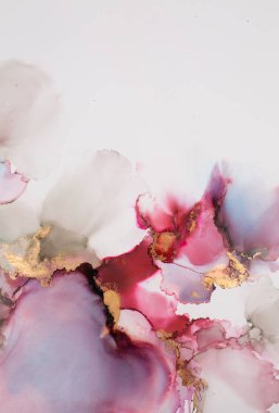 Soyut akışkan sanat. Tuvale alkol mürekkebi dökülmüş. Kırmızı, mor ve altın.