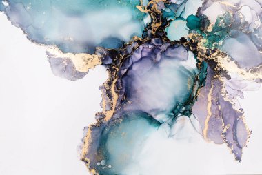 Soyut akışkan sanat. Tuvale alkol mürekkebi dökülmüş. Kırmızı, cyan ve altın