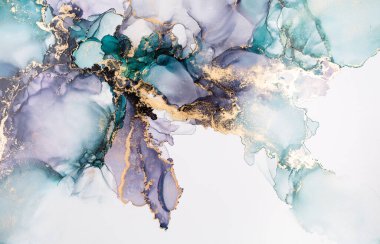 Soyut akışkan sanat. Tuvale alkol mürekkebi dökülmüş. Kırmızı, cyan ve altın