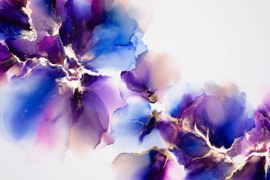 Soyut akışkan sanat. Tuvale alkol mürekkebi dökülmüş. Mavi, mor ve altın..