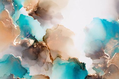 Soyut akışkan sanat. Tuvale alkol mürekkebi dökülmüş. Kahverengi, cyan ve altın