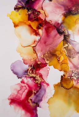 Soyut akışkan sanat. Tuvale alkol mürekkebi dökülmüş. Mor, kırmızı ve altın rengi.