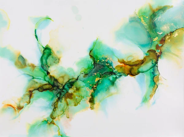 Abstract fluid art. Alcohol ink on canvas. Green, yellow, and bl