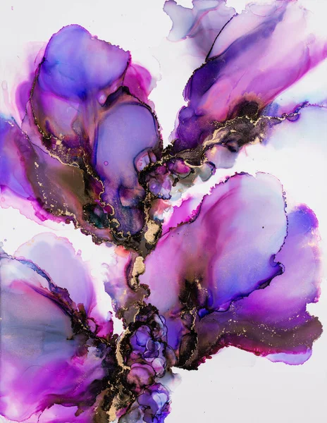 Soyut akışkan sanat. Tuvale alkol mürekkebi dökülmüş. Mavi, mor ve sarı.