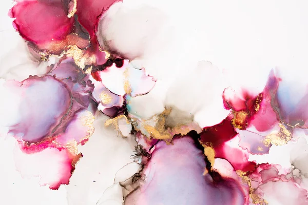 Soyut akışkan sanat. Tuvale alkol mürekkebi dökülmüş. Kırmızı, mor ve altın.