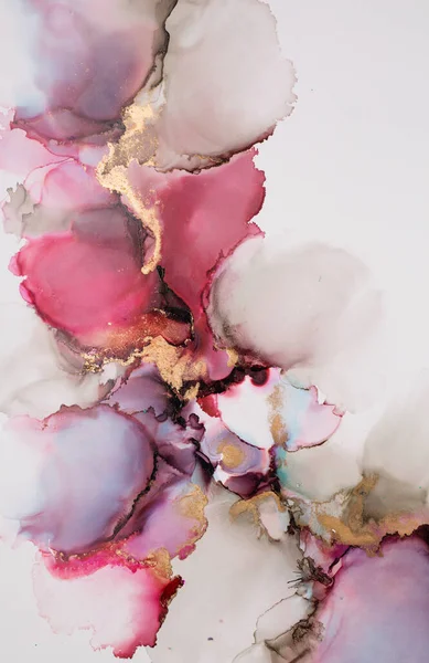 Soyut akışkan sanat. Tuvale alkol mürekkebi dökülmüş. Kırmızı, mor ve altın.