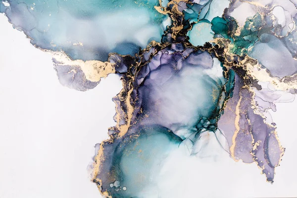 Soyut akışkan sanat. Tuvale alkol mürekkebi dökülmüş. Kırmızı, cyan ve altın