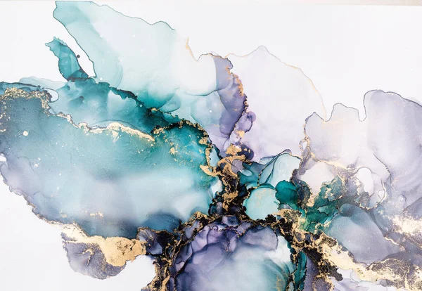 Soyut akışkan sanat. Tuvale alkol mürekkebi dökülmüş. Kırmızı, cyan ve altın